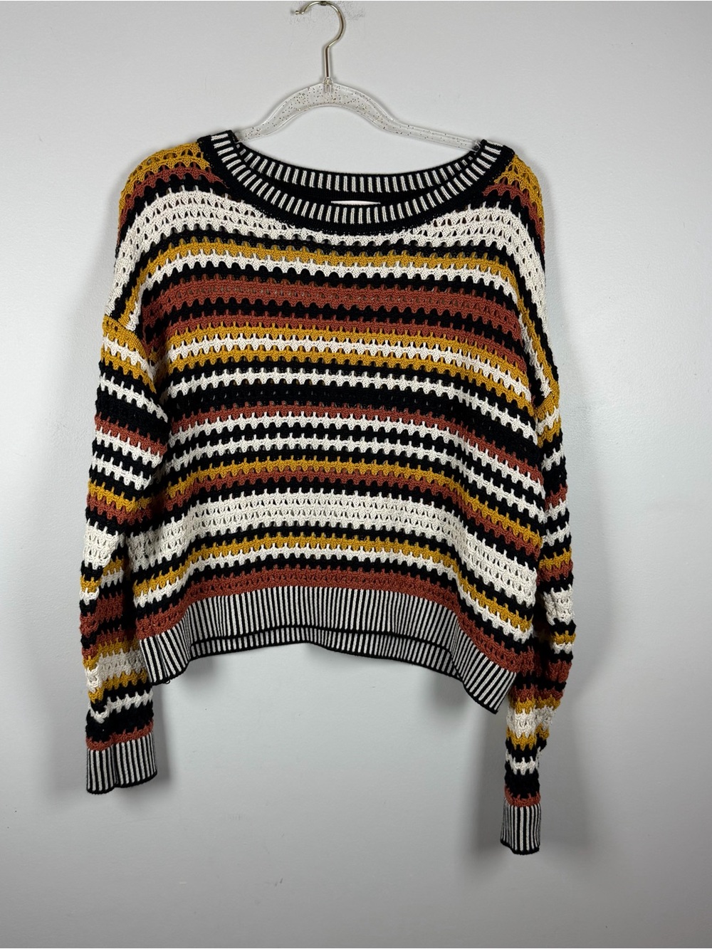 Skies Are Blue Crop Knit Crochet Striped Brown Black Sweater Medium Fall Cozy